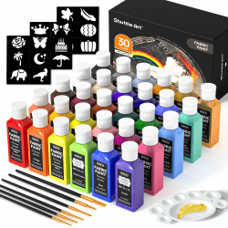 Shuttle Art 30 Textilfarben waschmaschinenfest, Stoffmalfarben waschfest kinder in Flaschen (je 60 ml) mit Pinseln, Vorlagen, wasserfeste Stofffarben für Erwachsene, Kinder auf T-Shirt, Schuhe, Jeans 30 Farben