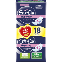 EveryDay Hyperdry Ultra Saugfähige Damenbinden mit Flügeln, hyper Trocken und Ultra Saugfähig, 18 Einheiten Super (Lungo con Ali)