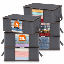 Lifewit 6 Stück 35L Aufbewahrungstasche, Unterbett Aufbewahrungsbox Kleideraufbewahrung, Faltbare Umzugskartons mit Klarem Fenster für Bettdecken Kleidung Decke T-Shirts Kleiderschrank, Grau 6 35L