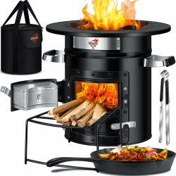 KESSER® Raketenofen mit Grillpfanne aus Gusseisen | inkl. Grillzange & Tragetasche | Dutch Oven 6 integrierte Spikes | BBQ Rakete Holzofen Camping Outdoor-Campingkocher Campinggrill Edelstahl Schwarz Schwarz / Silber