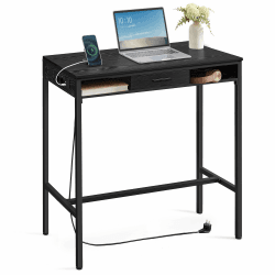 VASAGLE Bartisch, Schreibtisch, Stehtisch mit Ladestation und Flexibler Schublade aus Vliesstoff, Haken, 40 x 100 x 104,6 cm, für Büro Schlafzimmer Bar Wohnzimmer, ebenholzschwarz LBT019B02 99,8B cm Ebenholzschwarz