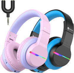 iClever Bluetooth Kinder Kopfhörer 2pack, Farbige LED-Leuchten, Kinderkopfhörer Over-Ear mit 74/85dBA Lautstärkebegrenzung, 85 Stunden Spielzeit, Bluetooth 5.2, eingebautes Mikrofon Schwarz Rosa