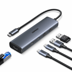 UGREEN 10Gbps USB C hub Ethernet Adapter mit 2*USB C 3.2 ＆ 2*USB A USB C LAN Adapter kompatibel mit iPhone 16, iPad Pro/Air, MacBook Pro/Air, Galaxy S24, Steam Deck usw.