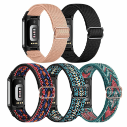 Gugobit 5 Stück Elastisches Armband Kompatibel mit Fitbit Charge 6/Fitbit Charge 5 Armband, Verstellbares Nylon atmungsaktives Ersatzarmband für Fitbit Charge 6/ Fitbit Charge 5 Damen Herren Schwarz/Hellrosa/Boho Rot/Boho Blau/Pfeil