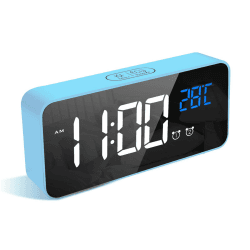 LATEC Digitaler Wecker mit Große LED Temperaturanzeige, Tischuhr mit 10 Musik, USB Ladeanschluss, 4 Helligkeit und Lautstärke Regelbar, Snooze, tragbarer Spiegelalarm mit 2 Alarmen, 12/24HR Blau