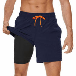 Ougelebo Badehose Herren mit Reißverschlusstasche Badeshorts Schnelltrocknend L Dunkelblau 03
