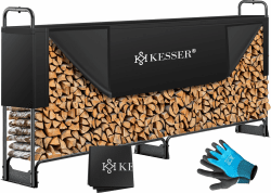KESSER® Kaminholzregal Metall 260x36x117cm Brennholzregal außen Stahlrahmen + Abdeckung & Handschuhe Kaminholzunterstand 300kg Wasserdichter Holzlager Holzstapelhilfe für Garten Terrasse 260 x 36 x 117cm Schwarz