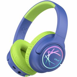 iClever Bluetooth kopfhörer Kinder mit LED-Leuchten, 74/85dBA Lautstärkebegrenzung, 43 Stunden Spielzeit, Stereo-Sound, Typ-C, AUX-Kabel, Bluetooth5.3 Kinderkopfhörer für Tablet/Reisen Blau Grün