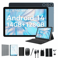 2025 Neueste Android 14 Tablet 10 Zoll,4G LTE Tablets Mit 2 SIM 1 SD slot,5G Wifi Tablet PC Mit 14GB+128GB(1TBTF),3-in-1 Tablet Mit Tastatur Maus-Octa-core,1080FHD,13MP+8MP,7000mAh,Type-C/GPS/OTG-Blau