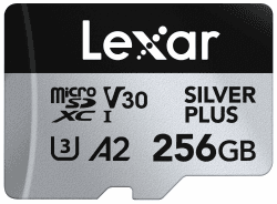 Lexar Silver Plus Micro SD Karte 256GB, Bis zu 205 MB/s Lesegeschwindigkeit, 150MB/s Schreibgeschwindigkeit, Speicherkarte Micro SD mit SD Adapter, UHS-I, A2, U3, V30, Klasse 10, 4K UHD microSDXC