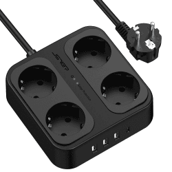 Steckdosenleiste,JSVER Mehrfachsteckdose mit 4 Fach,3 USB A und 1 USB C Verteilersteckdose mit Schalter, Wandmontage Überspannungsschutz Verlängerungskabel für Zuhause Büro, 1,8M-Schwarz 1.8M Schwarz-4 fach