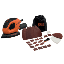 BLACK+DECKER Dreieckschleifer Mouse für staubfreies Schleifen (55 Watt Schleifmaschine, Schleifplatte 133 x 95 mm, Schleifen Polieren, inkl. Schleifpapiere + Fingerschleifpapier) BEW230BCA