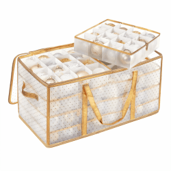 SONGMICS Aufbewahrungsbox für Weihnachtskugeln, Weihnachtskugeln Aufbewahrung, 128 Fächer je 8 cm, aus Kunststoff, Deckel, 2 Reißverschlüsse, 8 Tabletts, seitliche Griffe, sandiges Gold RFB029A01 Sandiges Gold 128 Fächer (64,5 x 33,5 x 34 cm)