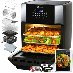 Balter Heißluftfritteuse HL-1200-BL, 12 Liter, Friteuse, LED Touchscreen, 10 Programme, Dörrautomat, 1800W Heissluftfritteuse airfryer, 100 Rezepte auf Deutsch, Minibackofen 12 Liter Schwarz
