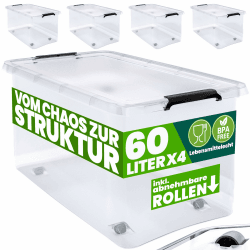 Deuba® Aufbewahrungsboxen 4 x 60l mit Deckel und Rollen, stapelbar, transparent Kunststoff BPA-frei Klickverschluss, RB60 für Büro, Garage, Waschraum 60L 4er Set