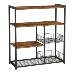 VASAGLE Küchenregal, Aufbewahrungsschrank, für Mikrowelle, mit 2 Drahtkörben aus Netz, 4 Ebenen, Haken inklusive, 80 x 35 x 95 cm, rustikales Braun KKS96X Rustikales Braun + Schwarz