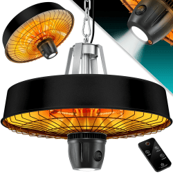 KESSER® Deckenheizstrahler Heizpilz Infrarot-Heizstrahler 2500W Terrassenstrahler mit Fernbedienung Quarzstrahler | LED Licht | Decke | Infrarotstrahler | mit Kette + Karabinerhaken Carbon-Heizelement Schwarz
