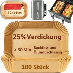 PETHREE Backpapier für Dual Zone Heißluftfritteuse, 100 Stück Verdicktes 20x14cm Rechteckig Airfryer Baking Paper Kompatibel mit Ninja AF300EU /AF400EU, Anderen Luftfritteuse Doppelkammer 2 Kammern 20x14cm/Rechteckige Kammern