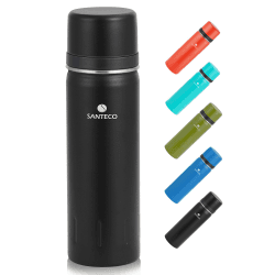 SANTECO Thermoskanne Thermosflasche Edelstahl 1l, 500ml, Auslaufsicher Isolierflasche mit Trinkbecher für unterwegs, Thermoskanne Kaffee & Tee für Kinder, Sport, BPA-Frei, 24H Kalt & 12H Heiß Schwarz 1000 ml