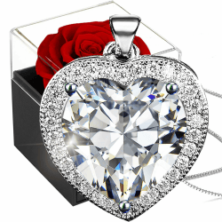Ewige Rot Rose mit Weißer Geburtsstein Kette Silber 925,Konservierte Echte Rose mit Damen Kristall Herz Halskette, Infinity Rosenbox Edelstein Anhänger Geschenk Zum Valentinstag Mama Rose Geschenk Rot