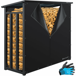 KESSER® Kaminholzregal Metall 188 x 70 x 185 cm Brennholzregal 3,3 SRM / 2,3m³ | außen Stahlrahmen + Abdeckung & Handschuhe Stapelhilfe Kaminholzlager Wasserdichter Holzlager für Garten Terrasse Schwarz