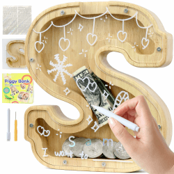Lakpopya Spardose für Kinder Jungen Mädchen Sparschwein Kinder Spardose Personalisiert Durchsichtig Spardose Buchstabe Holz A-Z mit Zielbereich & Aufkleber & Marker, Taufe Geschenk Dekoration (S)