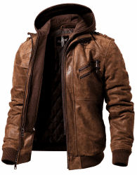 FLAVOR Echtes Lederjacke Herren Abnehmbarer Hoodie L Braun