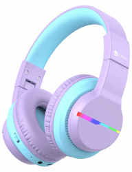 iClever Bluetooth Kinder Kopfhörer, Farbige LED-Leuchten, Kinderkopfhörer Over-Ear mit 74/85dBA Lautstärkebegrenzung, 85 Stunden Spielzeit, Bluetooth 5.2, eingebautes Mikrofon BTH12 Violett
