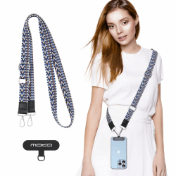 MoKo Universal-Handy-Lanyard, geflochtene Handykette, Umhängeband, Diebstahlschutz, Abnehmbares Damen-Handy-Lanyard um den Hals mit Patches für iPhone, die meisten Smartphones – Indigo