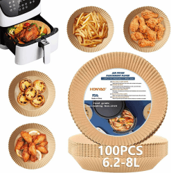 HONYAO Backpapier für Heißluftfritteuse XXL 6,2-8 L, Rund 23 cm 100 Stück Pergamentpapier Airfryer Liners, Einwegartikel Paper Zubehör für Ofen und Air Fryers Rund 23cm
