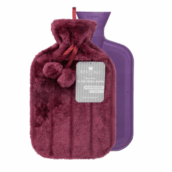 Luxus kuscheligem Kunstfell & Pom Pom Cover + Wärmflasche 2 Liter (Pflaume)