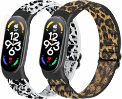 enkic Elastisch Armband Kompatibel mit Xiaomi Mi Band 7/Mi Band 6/Mi Band 5 Armband, Verstellbares Ersatzarmbänder Nylon Loop Sport Uhrenarmband für Damen Herren Weißer Leopard+Gelber Leopard