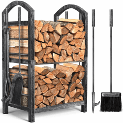 Amagabeli Kaminholzregal Innen Brennholzregal mit 4 Kaminwerkzeug 74x40x30cm Kaminholzständer für Außen Kaminholzhalter Holzregal für Kamin Kaminofen Besteck Schmiedeeisen Antikes Silber Zinn Schwarz