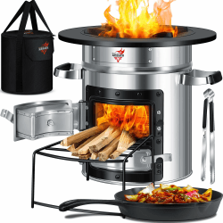 KESSER® Raketenofen mit Grillpfanne aus Gusseisen | inkl. Grillzange & Tragetasche | Dutch Oven 6 integrierte Spikes | BBQ Rakete Holzofen Camping | Outdoor-Campingkocher Campinggrill Edelstahl Silber Silber / Schwarz