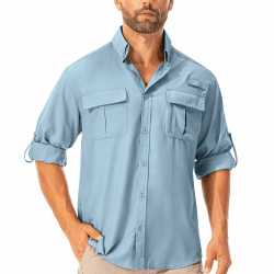 Asfixiado Hemd Herren Safari UPF50+ UV Schutz Wanderhemd Herren Langarm Funktionshemd Outdoorhemd Atmungsaktiv Schnelltrocknend Casual Button Down Shirts S Blau