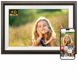 Digitaler Bilderrahmen WLAN Holz 10,1 Zoll mit 32GB SONVGOO Bilderrahmen Digital IPS Touchscreen 1280x800 Automatische Drehung Frameo Elektronischer Bilderrahmen Teilen von Fotos oder Video Braun Holz