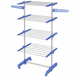 HOMCOM Wäscheständer mit Rollen Wäschetrockner Turm, Standtrockner mit Klappbarem Flügel, Wäscheturm für Indoor, Outdoor, Stahl 142 x 55 x 172 cm, Blau 142L x 55B x 172H cm Blau