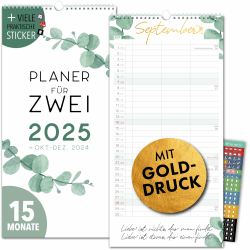 Paarplaner 2025 3 Spalten EUKALYPTUS GOLD Planer für Zwei 2025 und Okt-Dez 2024 Partnerkalender 16x32,5cm Paarkalender f. Paare 2025 Wandplaner 2 Personen STICKER Recycling Urlaub, Pflanzkalender
