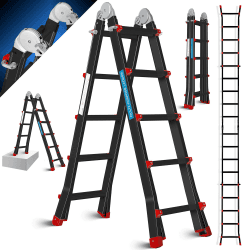 MASKO® Aluleiter Mehrzweckleiter 5,10m 4x5 Sprossen Teleskopleiter ✓ Multifunktionsleiter ✓ Aluleiter ✓ Klappleiter ✓ Anlegeleiter ✓ Bockleiter ✓ Schiebeleiter ✓ beidseitige Steh und Treppenleiter 5.10m / 4x5 Sprossen Black/Rot
