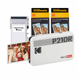 KODAK P210 Mini 2 Retro, Mobiler Farbig Handy Fotodrucker, Kompatibel mit Smartphone (iOS & Android), Bluetooth, 54x86 mm, 4Pass-Technologie, Laminierung, 68 Blatt, Weiß Drucker + 68 Blatt weiß