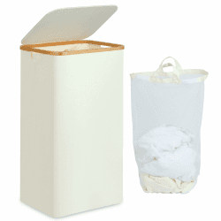 efluky Wäschekorb mit Deckel 100 Liter hoher Wäschebox mit Bambus Henkel und Innentasche, faltbarer groß XXL Waschekorbsammler Wäschekörbe Wäscheboxen Beige Beige 100 Liter