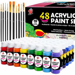 TBC Acrylfarben Set 48 x 60ml Acrylic Paint Set mit 10 Pinseln Wasserfest und Lichtecht Schnell Trocknend, Acrylfarbe für DIY Stein, Keramik, Holz, Leinwand 48 Farben