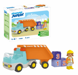 PLAYMOBIL JUNIOR | Kipplaster | nachhaltiges Spielzeug für Kinder ab 1 Jahr | inklusive Bauarbeiterin und DREI Bausteinen | 71685 Baustelle