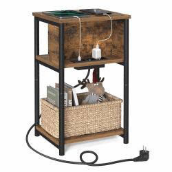 VASAGLE Beistelltisch, Nachttisch mit Steckdose, schmal, 2 AC-Anschlüsse, 2 USB-Anschlüsse, 30 x 34 x 58 cm, für Wohnzimmer, Schlafzimmer, vintagebraun-schwarz LET375B01 Vintagebraun + Schwarz