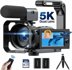 Videokamera-Camcorder 5K 56MP Doppelobjektiv WiFi 16X Digitalzoom 3,0-Zoll-Touchscreen Vlog-Kamera für YouTube IR-Nachtsicht-Videorecorder mit 2 Akkus,64G-Karte,Mikrofon,Gegenlichtblende,Fernbedienung 5K 56MP with SDCard