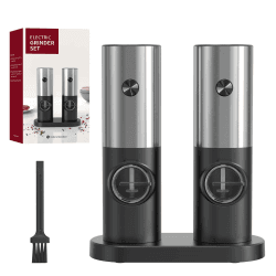 CIRCLE JOY Salz und Pfeffermühlen Elektrische 2er Set Batteriebetriebenen Gewürzmühle mit Basis, Weißem LED-Licht und Einstellbarer Grobheit, Silber Schwarz Akkubetriebenes Set mit Sockel - Schwarz Silber (70ml)