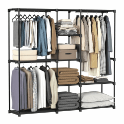 SONGMICS Kleiderschrank, Kleiderständer, freistehende Garderobe, mit Kleiderstangen, Garderobenständer, Stoffablagen, Metallrahmen, 182 x 43 x 182 cm, tintenschwarz RYG037B02