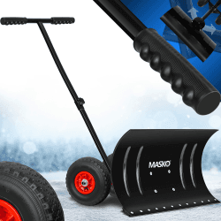 MASKO® Schneeschaufel auf Rädern höhenverstellbar - 5-Fach Schneeräumen, rückenschonender Schneeschieber, Schneeschild 75 cm Arbeitsbreite-Höhe 42 cm, platzsparend zusammenklappbar Schwarz