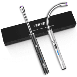 VEHHE Lichtbogen Feuerzeug, 2er Set Elektro Stabfeuerzeug USB Aufladbar LED-Display Feuerzeug Lang Elektrisch Flexibler Hals Geeignet für Küche Kerzen Gasherde Grill, Silber + Schwarz Schwarz&silber