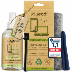 SOYECO ECO Reinigungsset - Bildschirmreiniger 250ml + 2 Mikrofasertücher + Tastaturpinsel - für eine umfassende Gerätepflege - geeignet für alle Handy, Laptop & Displays sowie Tastatur, PC, PS5 UVM.